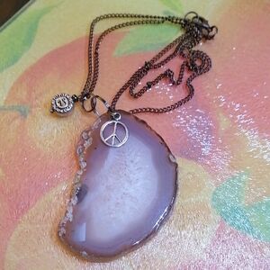 Large Gorgeous Agate Slice Geode Pendant On 24" Long Chain